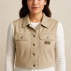 Calvin Klein Jeans Women’s Vest Collared Button Up Pockets Khaki (Large)